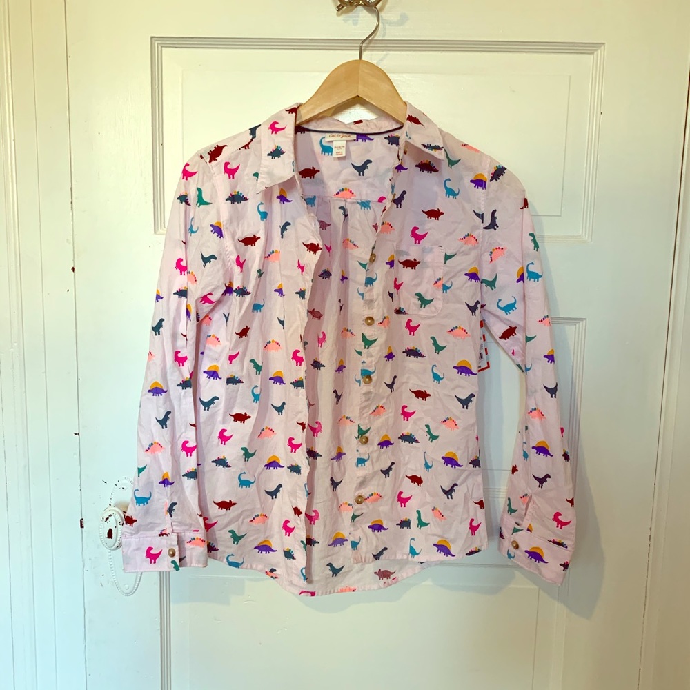 NWT: Button Up Shirt - Baby Pink w/Dinos